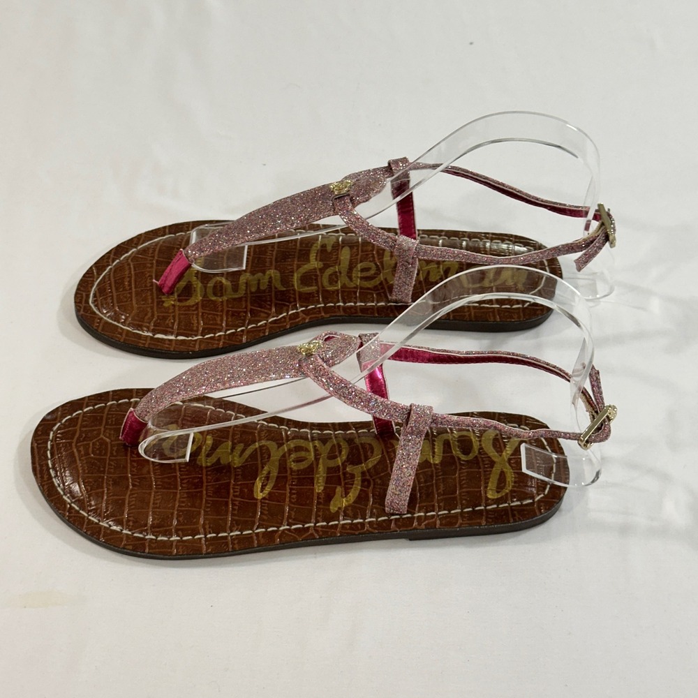 Sam‎ Edelman Gigi Charm Sandals Womens 5 Pink Glitter Croc Thong Flat Strappy